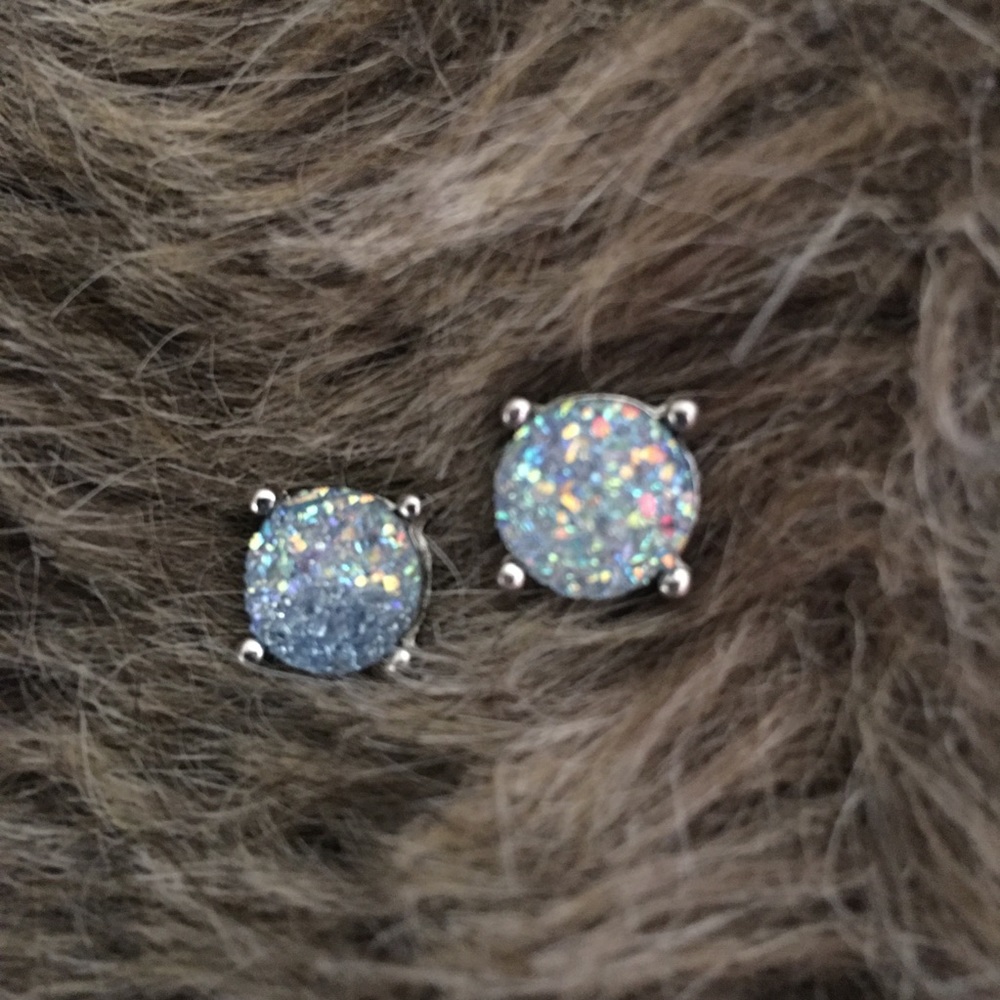Light blue faux drusy stone silver tone earrings